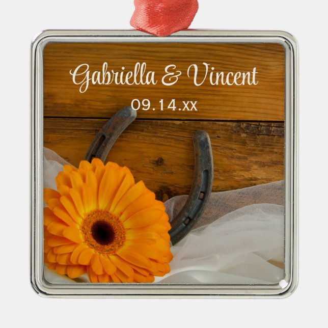 Orange Daisy and Horseshoe Country Western Wedding Metal Ornament (Front)