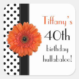 Orange Daisy Black White Polka Dot 40th Birthday Square Sticker