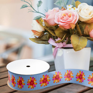 Orange Daisy Boho Pattern Hippie Floral Dusty Blue Grosgrain Ribbon