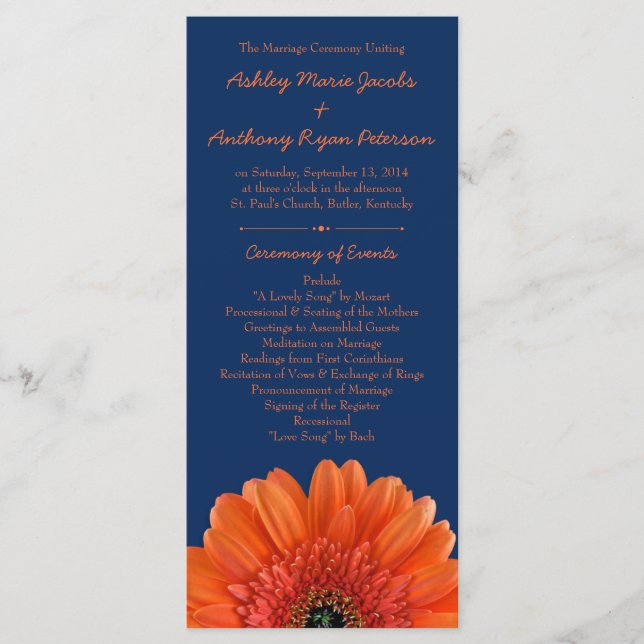 Orange Daisy Flower Marine Blue Wedding Programme (Devant)