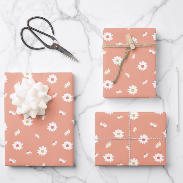 Orange Daisy Flower Pattern Wrapping Paper Sheet (Front)