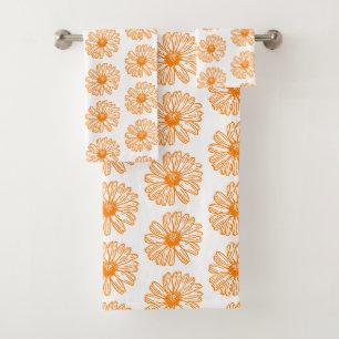 Orange Daisy Flower Print, Vintage Floral Pattern Bath Towel Set