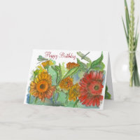 Orange Daisy Flowers Dragonfly Happy Birthday