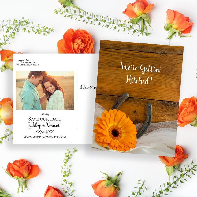 Orange Daisy Horseshoe Western Save the Date Announcement Postcard (Creator Uploaded)