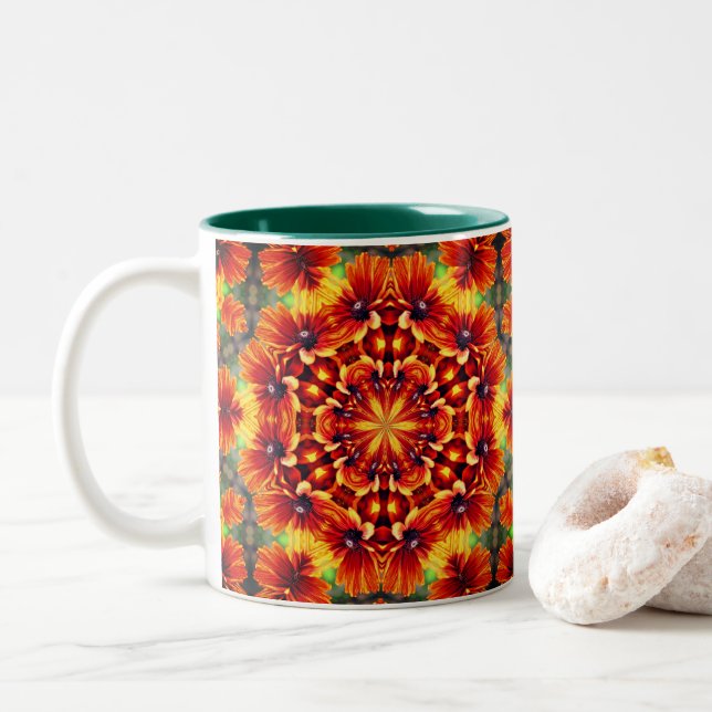 Orange Daisy Kaleidoscope Flower Art Two-Tone Coffee Mug (With Donut)