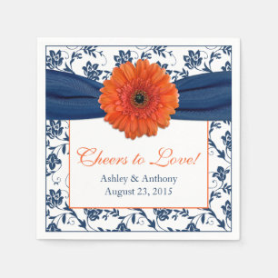 Orange Daisy Navy Blue Damask Personalized Wedding Napkin