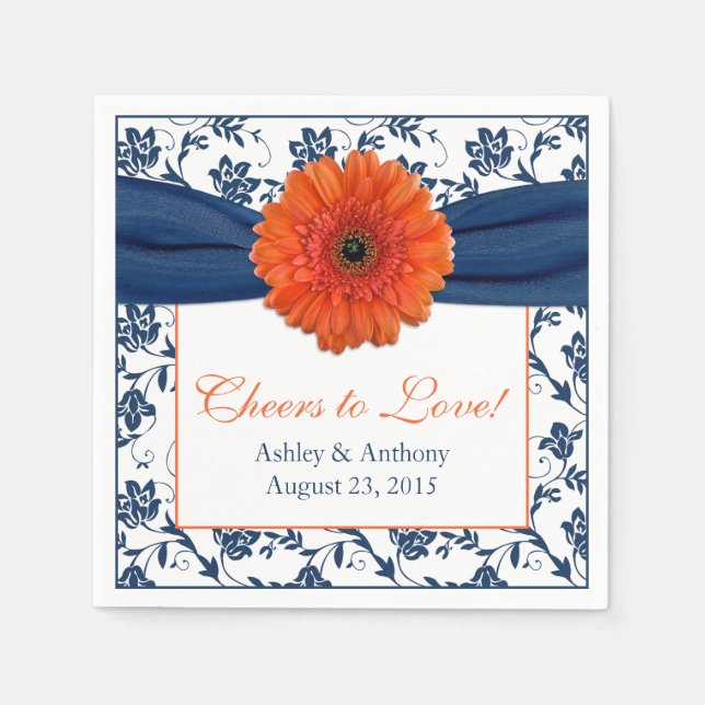 Orange Daisy Navy Blue Damask Personalized Wedding Napkin (Front)