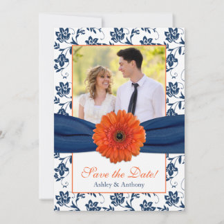 Orange Daisy Navy Damask Photo Save the Date