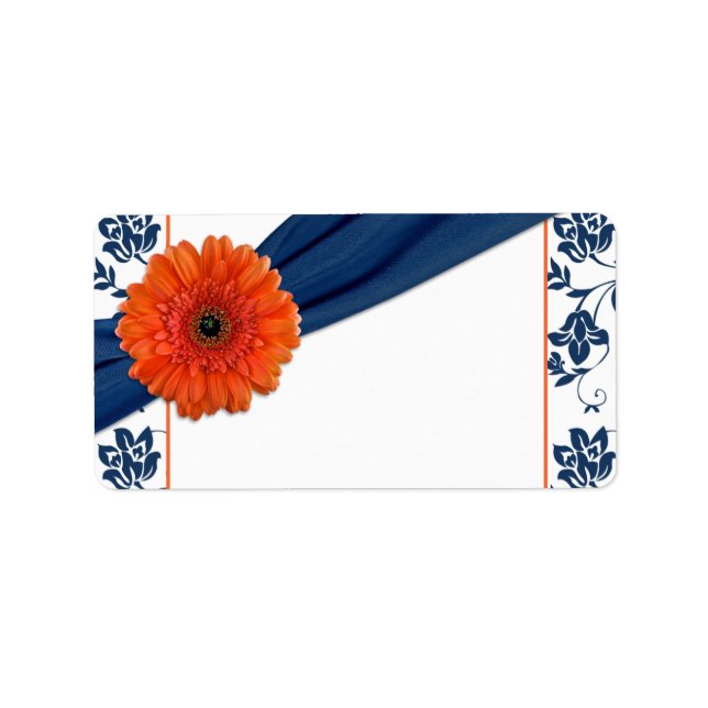 Orange Daisy Navy Damask Wedding Blank Address Label (Front)