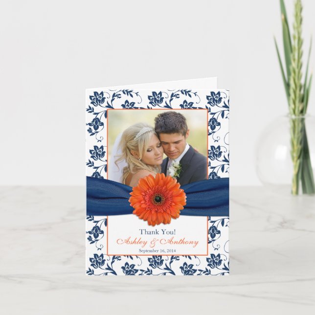 Orange Daisy Navy Mariage damassé Carte de remerci (Devant)