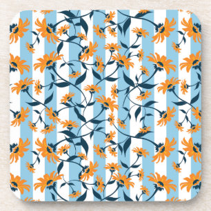Orange Daisy Navy Vine Aqua Blue Stripe Pattern Coaster