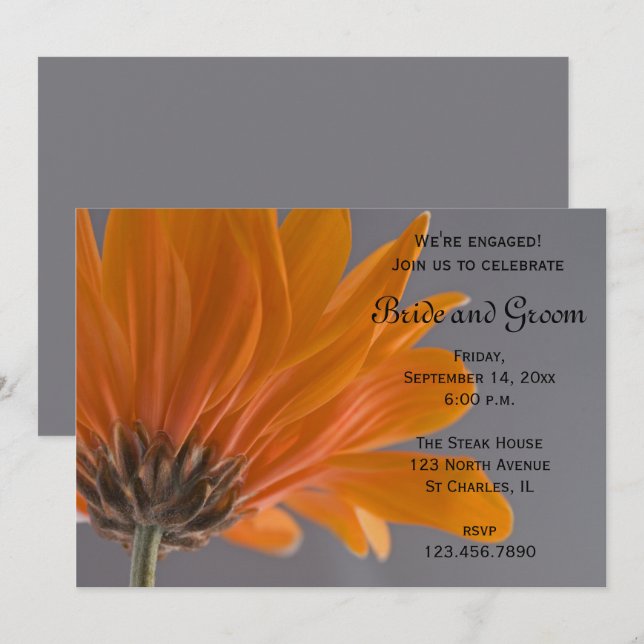 Orange Daisy on Grey Engagement Party Invitation (Front/Back)