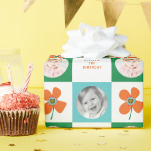 Orange Daisy Pop Flower Chic Birthday Photo Gift Wrapping Paper