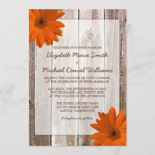 Orange Daisy Rustic Barn Wood Wedding Invitation