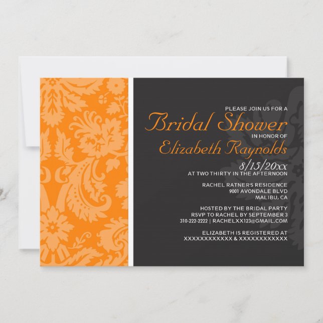 Orange Damask Bridal Shower Invitations (Front)