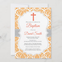 Orange Damask Cross Baptism Invitation