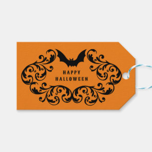 Orange Damask Glam Bats and Spider Happy Halloween Gift Tags