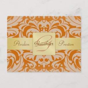 Orange Damask Gold Monogram Save The Date Postcard