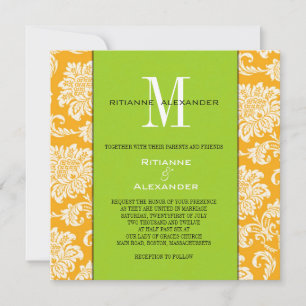 Orange Damask Green Monogram Wedding Invitation
