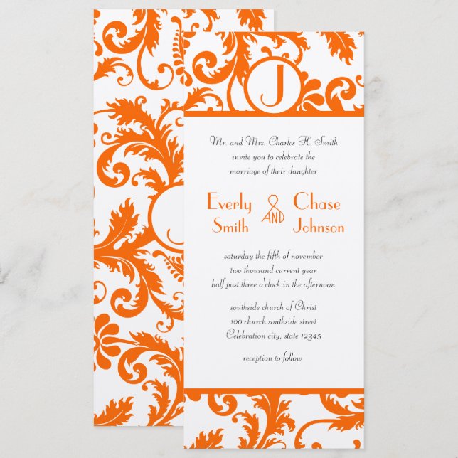 Orange Damask Monogram Wedding Invitation (Front/Back)