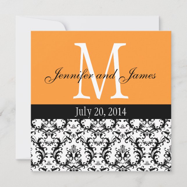 Orange Damask Monogram Wedding Invitation (Front)