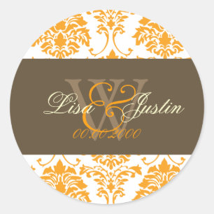 Orange Damask monogram wedding stickers