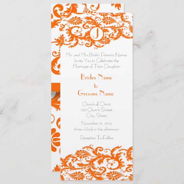 Orange Damask Monogramme Faire-part de mariage (Devant / Derrière)