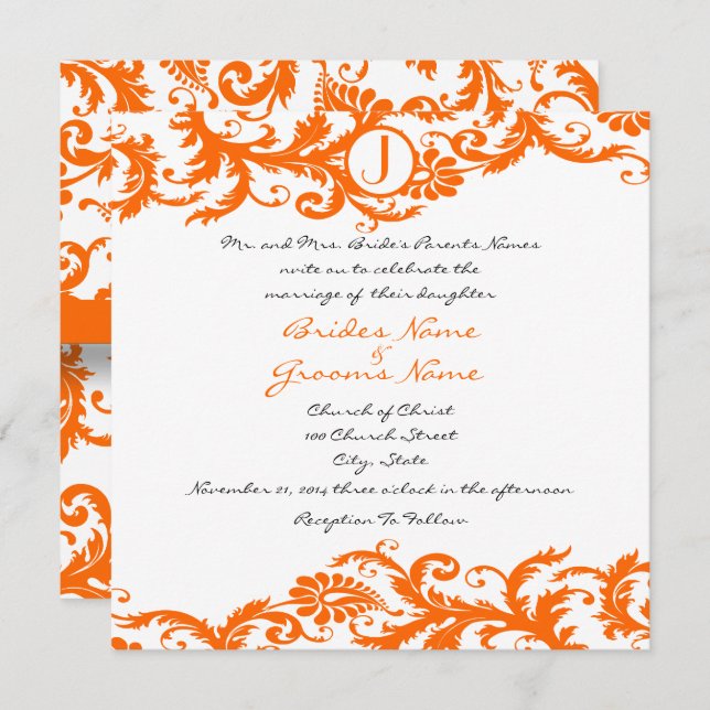 Orange Damask Monogramme Faire-part de mariage (Devant / Derrière)