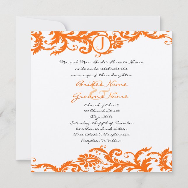 Orange Damask Monogramme Faire-part de mariage (Devant)