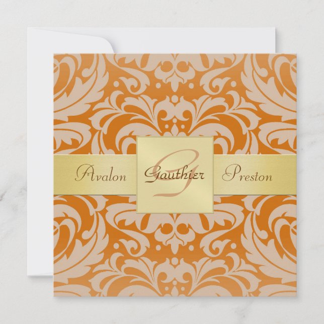 Orange Damask Monogramme Gold Ribbon Invitation (Devant)