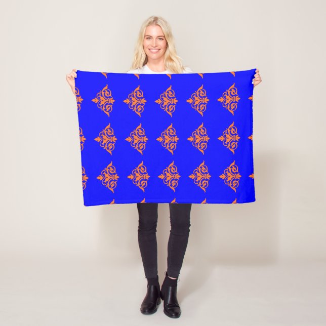 Orange damask on blue fleece blanket (In Situ)