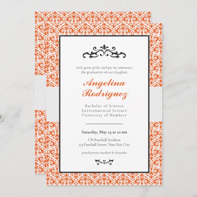 Orange Damask Pattern Photo Graduation Invitation (Front/Back)