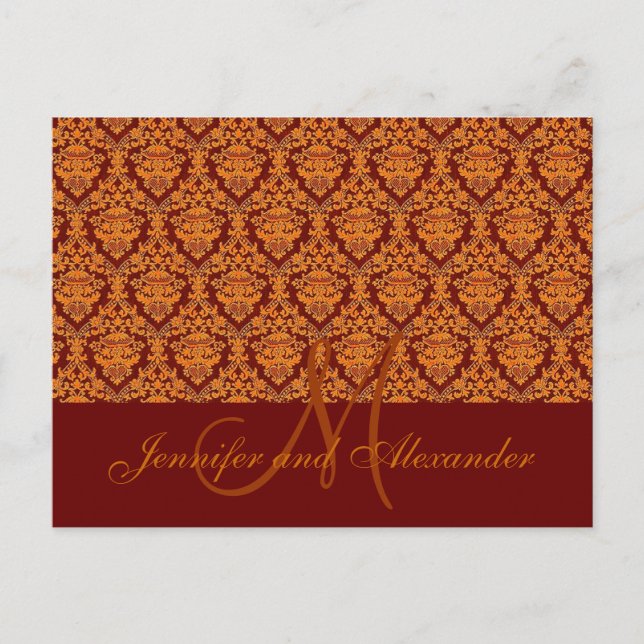 Orange Damasl Fall Wedding Save the Date Postcards (Front)