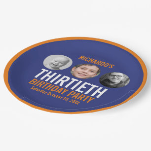 Orange dark blue 30th thirtieth 3 photos birthday paper plate