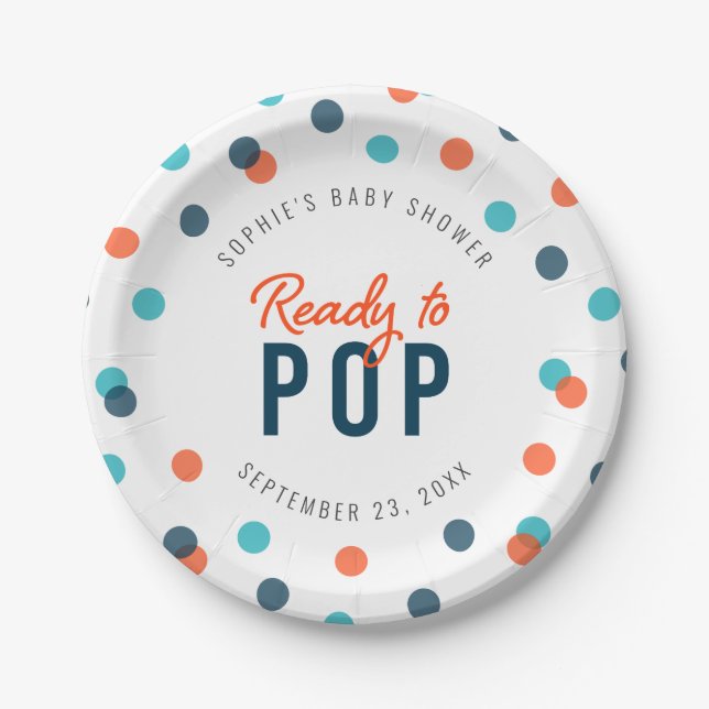 Orange Dark Blue Confetti Ready to Pop Baby Shower Paper Plate (Front)