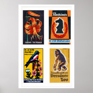 Orange & Dark Blue Matchbox Labels Grid Print