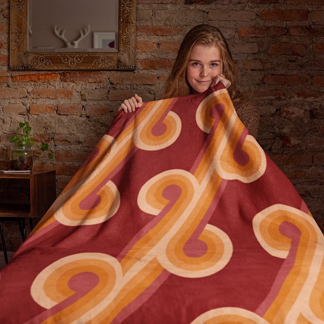 Orange Dark Maroon Red Retro Circles Art Pattern Fleece Blanket (Creator Uploaded)