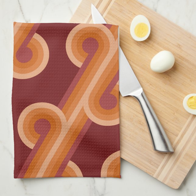 Orange Dark Maroon Red Retro Circles Art Pattern Kitchen Towel (Quarter Fold)