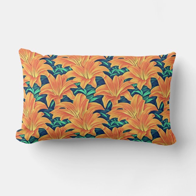 Orange Day Lilies with Green Leaves Lumbar Pillow (Front)