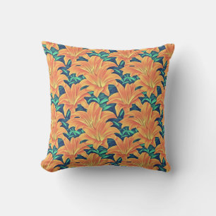 Orange Day Lilies with Green Leaves  Outdoor Pillow