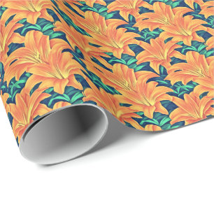 Orange Day Lilies with Green Leaves Wrapping Paper