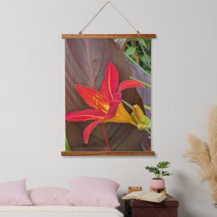 Orange Daylily Bloom and Plant Leaf Hanging Tapestry