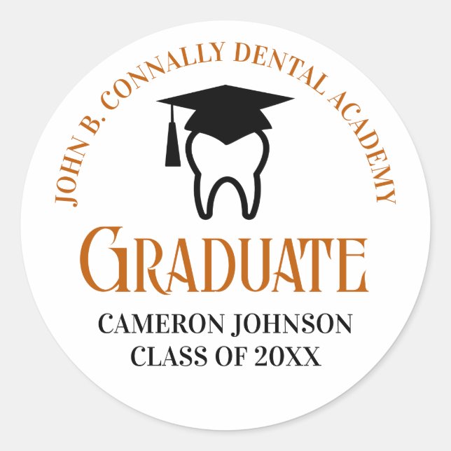 Orange Dental School Custom Dentist Graduation Classic Round Sticker (Front)