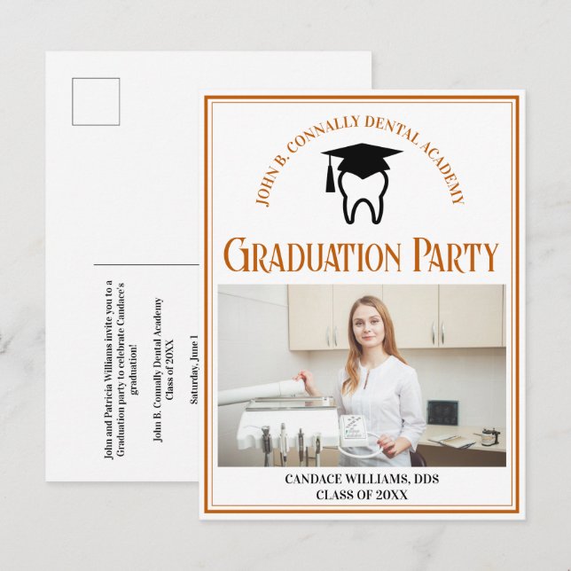 Orange Dental School Photo Custom Graduation Party Invitation Postcard (Front/Back)