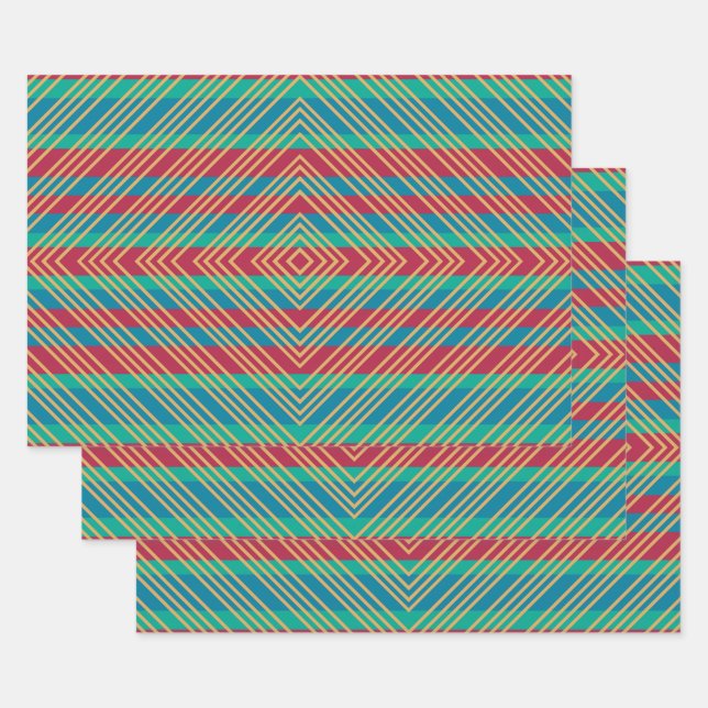 Orange Diamond Blue Red Turquoise Pattern  Wrapping Paper Sheet (Set)