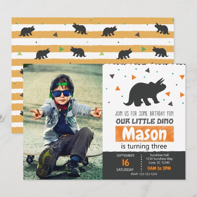 Orange Dino Birthday Party Invitation with photo (Front/Back)