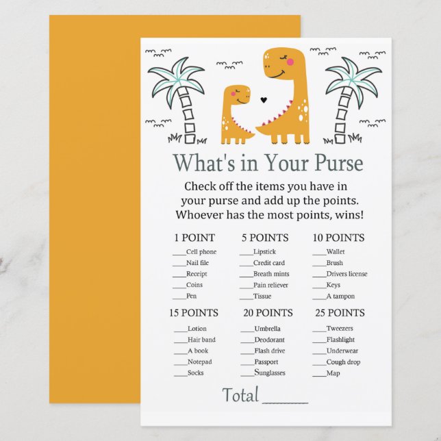 Orange Dino What's in your purse game baby shower (Front/Back)