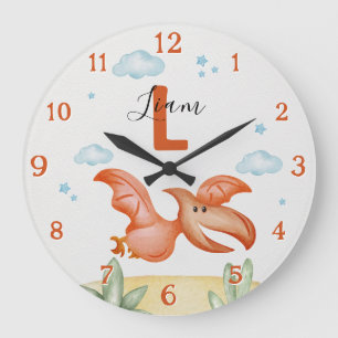Orange Dinosaur Nursery Wall Clock Personalized