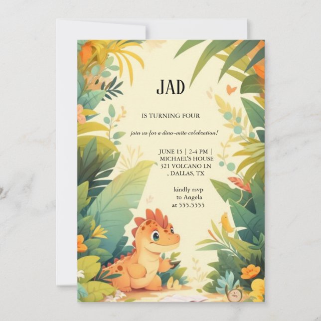 orange dinosaure birthday invitation (Front)