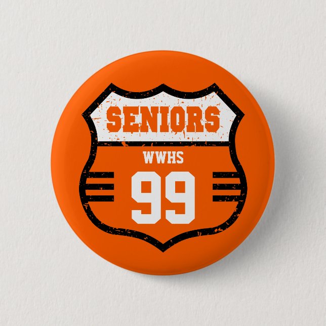 Orange Distressed Seniors Road Sign 2 Inch Round Button (Front)